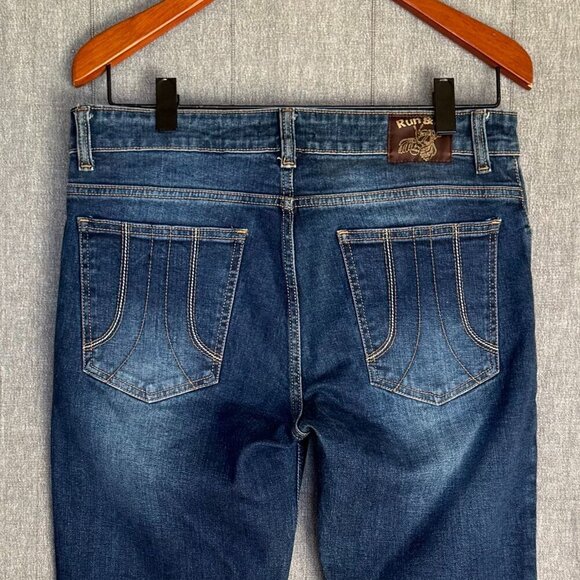 Run & Fly Stone Wash Blue Distress Stretch Denim Rock N Roll Bell Bottom Flares - Picture 6 of 11